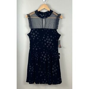 Witchy Velvet Swing Dress Y2K Goth Celestial Stars Ruffled Sleeves Juniors 13/14